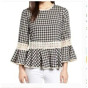 Everleigh Anthropologi Top XS Black Ivory Gingham Plaid Crochet Trim flutter slv
